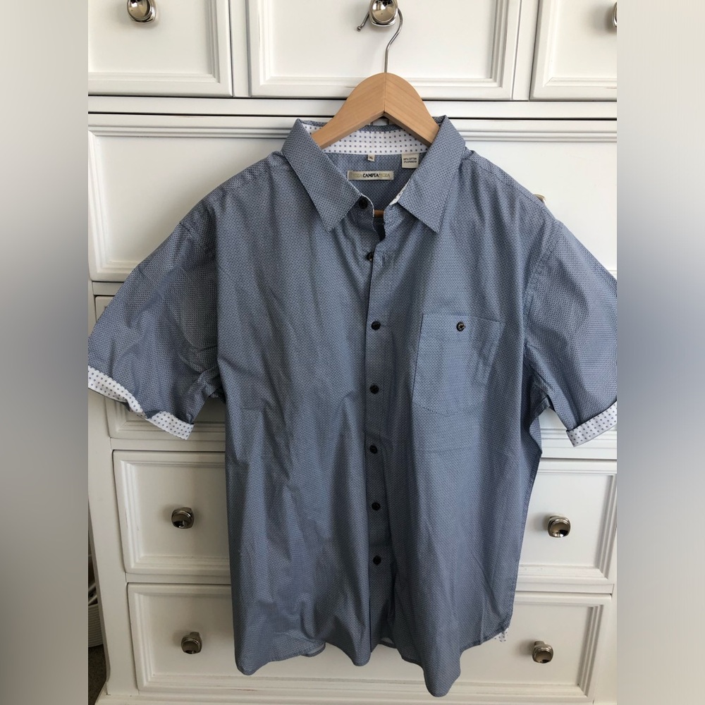Blue Short-Sleeve Micro-Pattern Button-Down Shirt